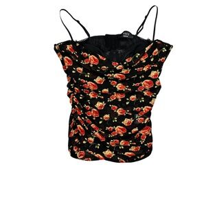 Vici Womens Black Floral Mesh Ruched Corset Bustier Cowl Neck Top Medium Rose